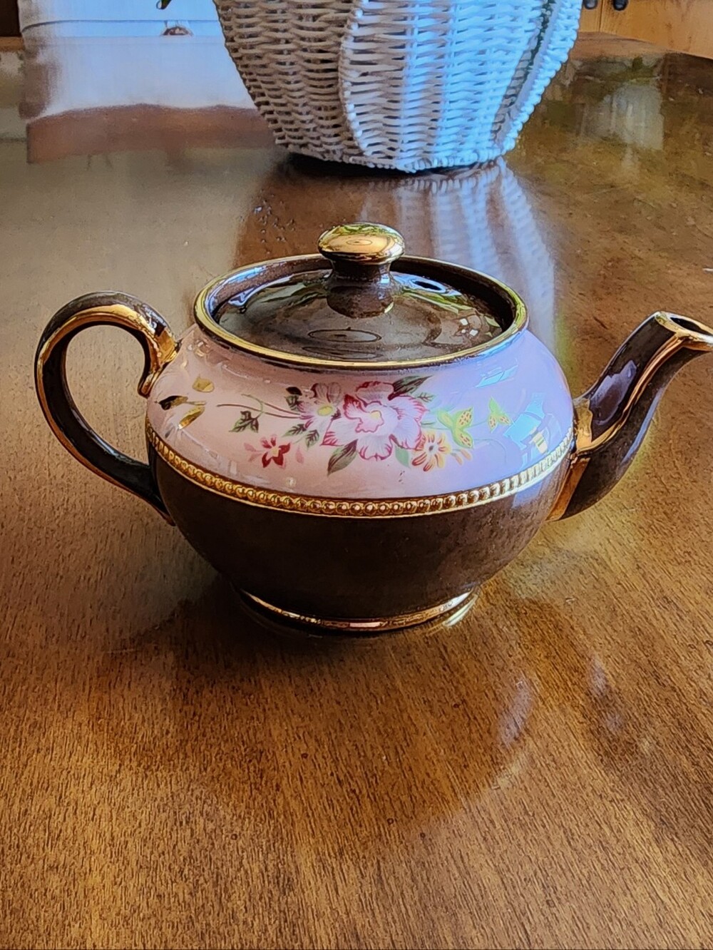Vintage James Sadler Teapot, Brown Betty Style Pink Floral, Made In England